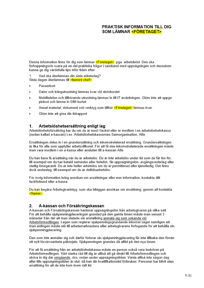 Praktisk information till medarbetare vid uppsägning pga. arbetsbrist