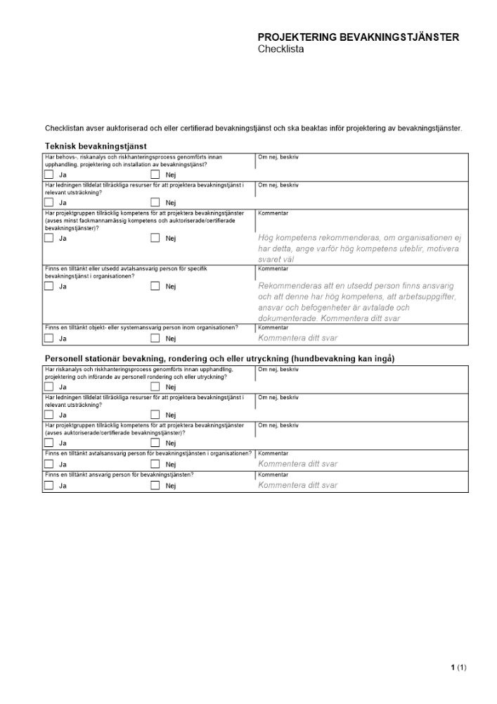 Projektering bevakningstjänster - Checklista