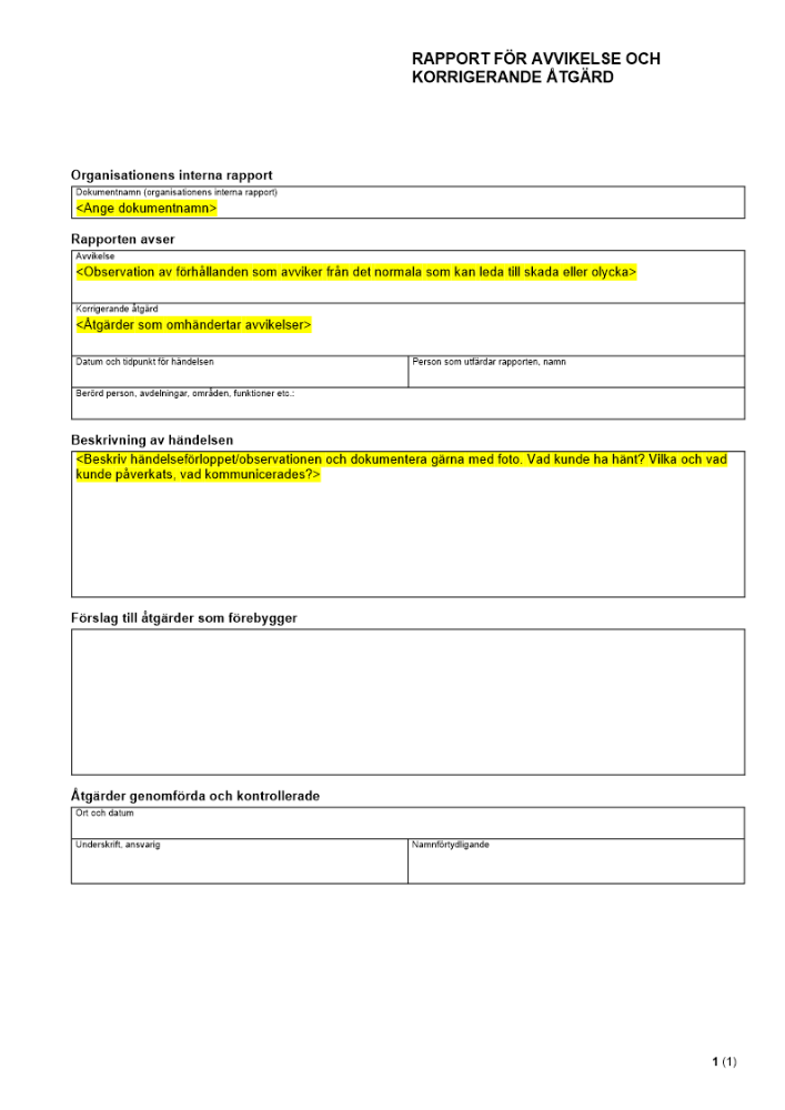 Rapport avvikelse och korrigerande åtgärd - Miljöledningssystem