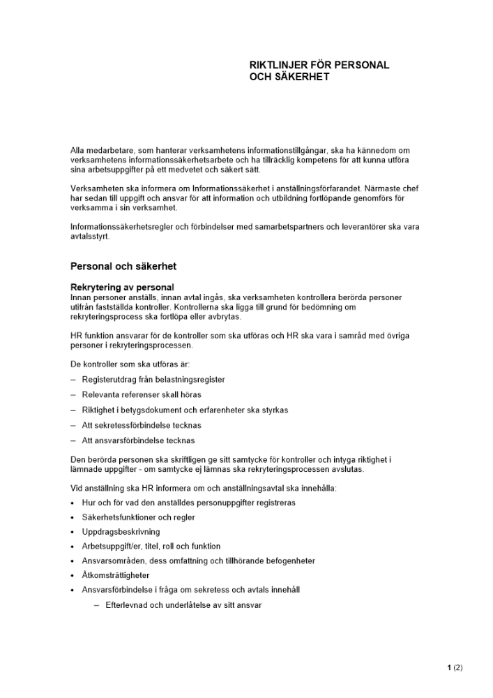Riktlinjer - Personal och säkerhet