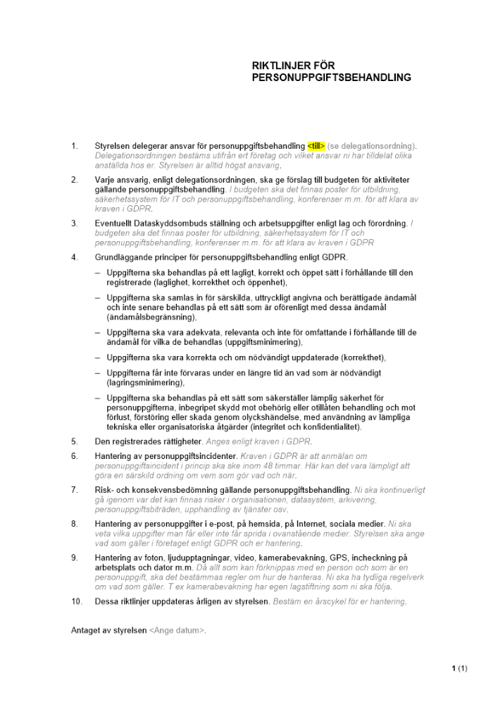 Riktlinjer för personuppgiftsbehandling