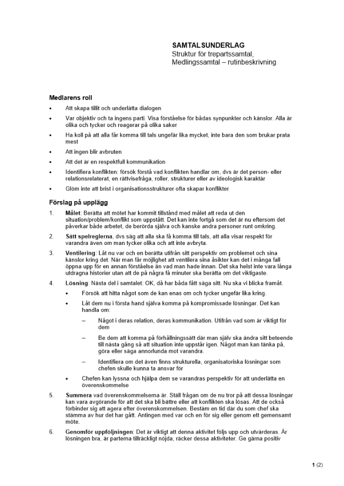 Samtalsunderlag, struktur för trepartssamtal, medlingssamtal - rutinbeskrivning