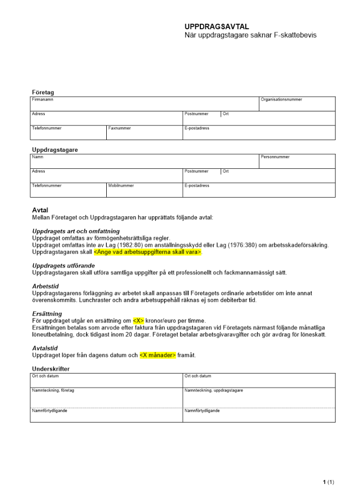 Uppdragsavtal - När uppdragstagare saknar F-skattesedel