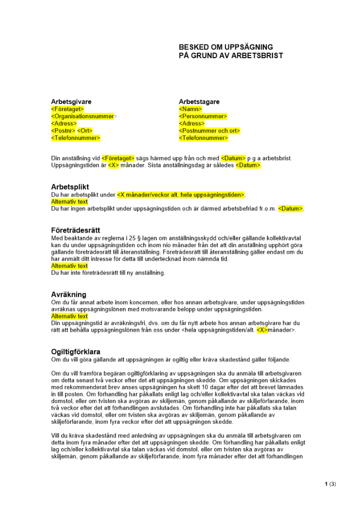 Uppsägning pga. arbetsbrist med bilaga om företräde