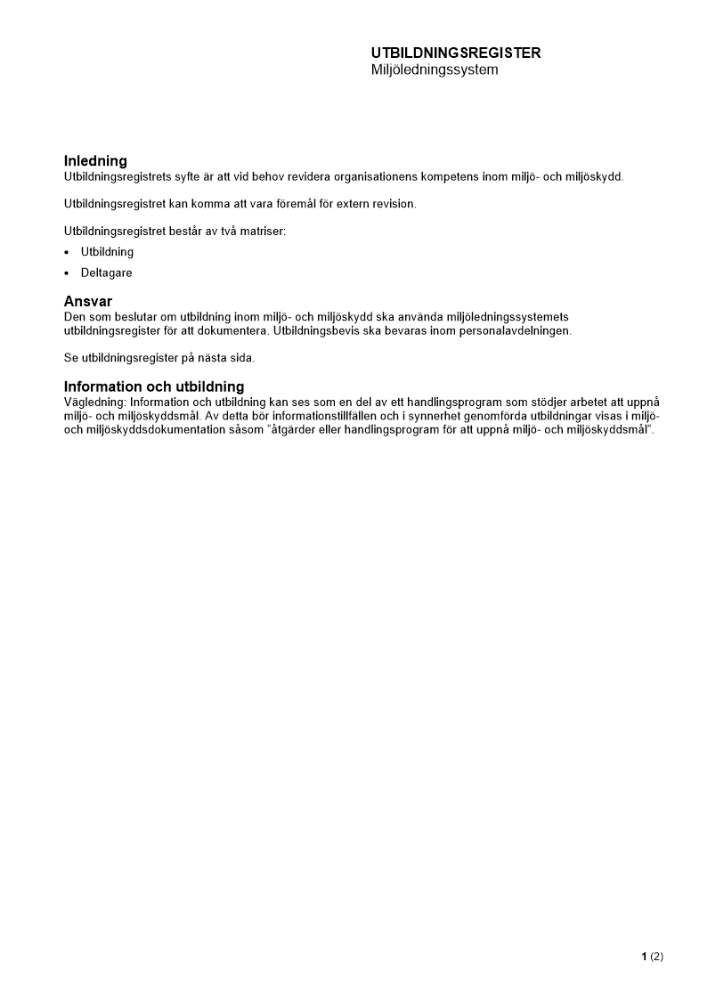 Utbildningsregister - Miljöledningssystem
