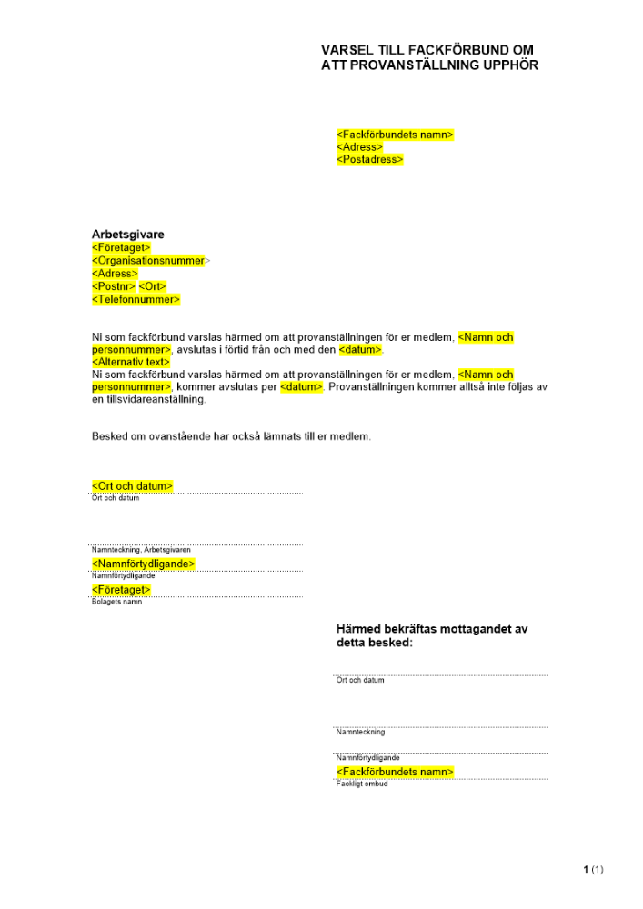 Varsel till facket om att provanställning upphör