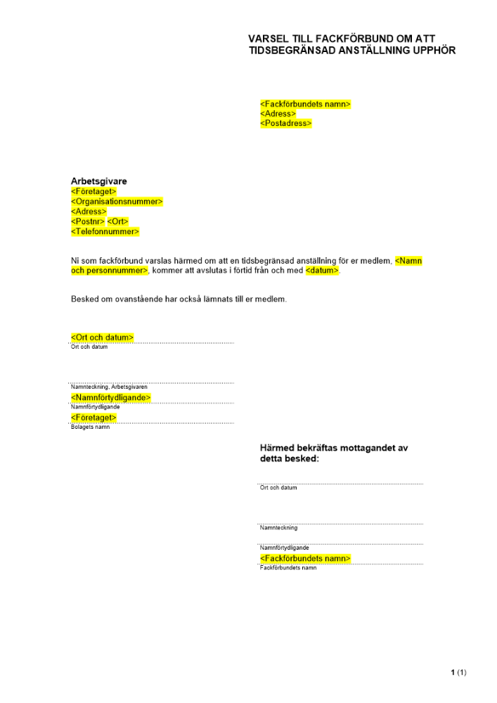 Varsel till facket om att tidsbegränsad anställning upphör