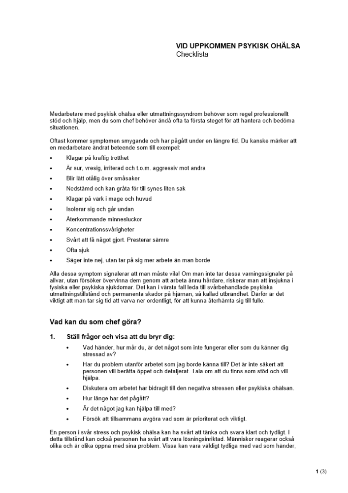 Vid uppkommen psykisk ohälsa - Checklista
