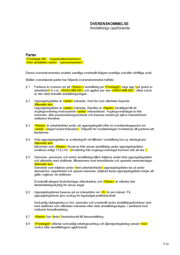 Överenskommelse - Anställnings upphörande