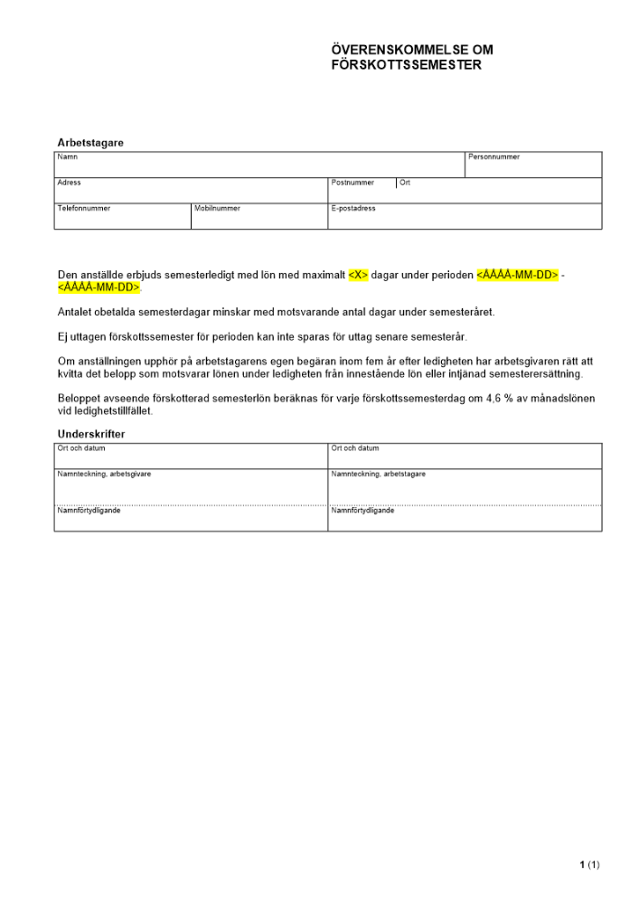 Överenskommelse om förskottssemester
