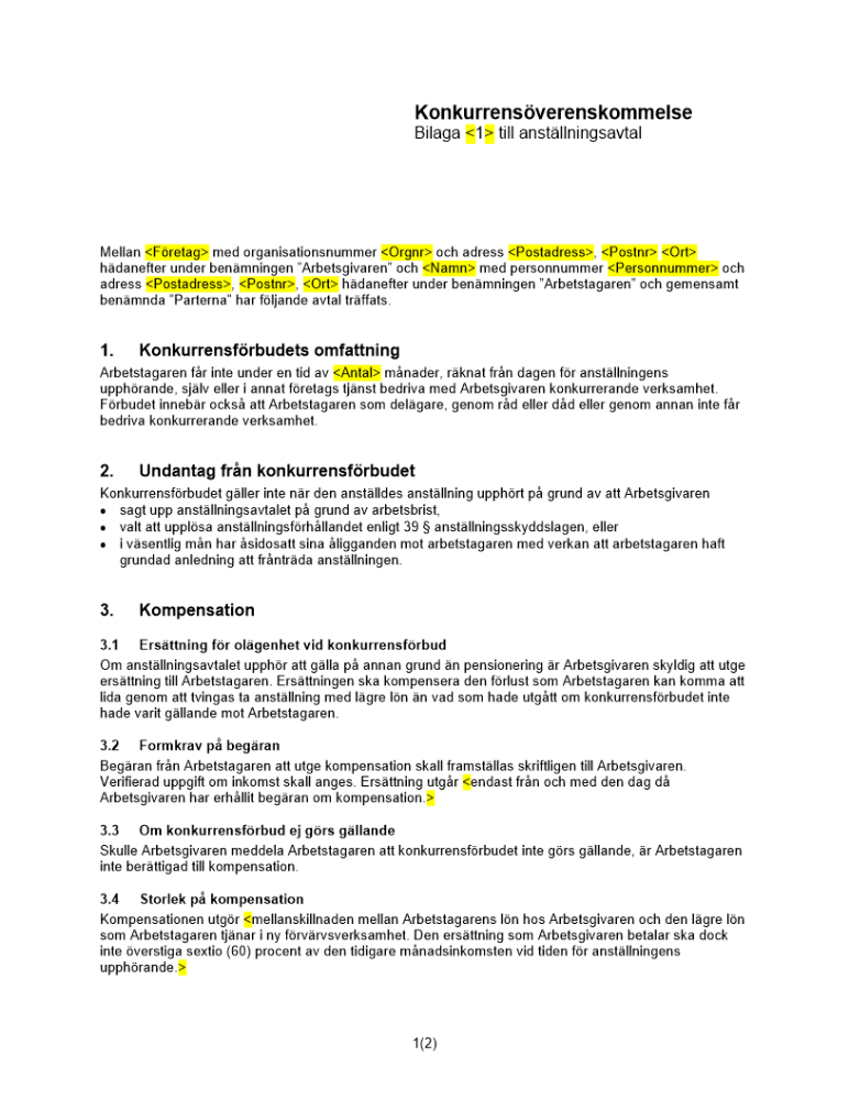 Anställningsavtal bilaga konkurrens