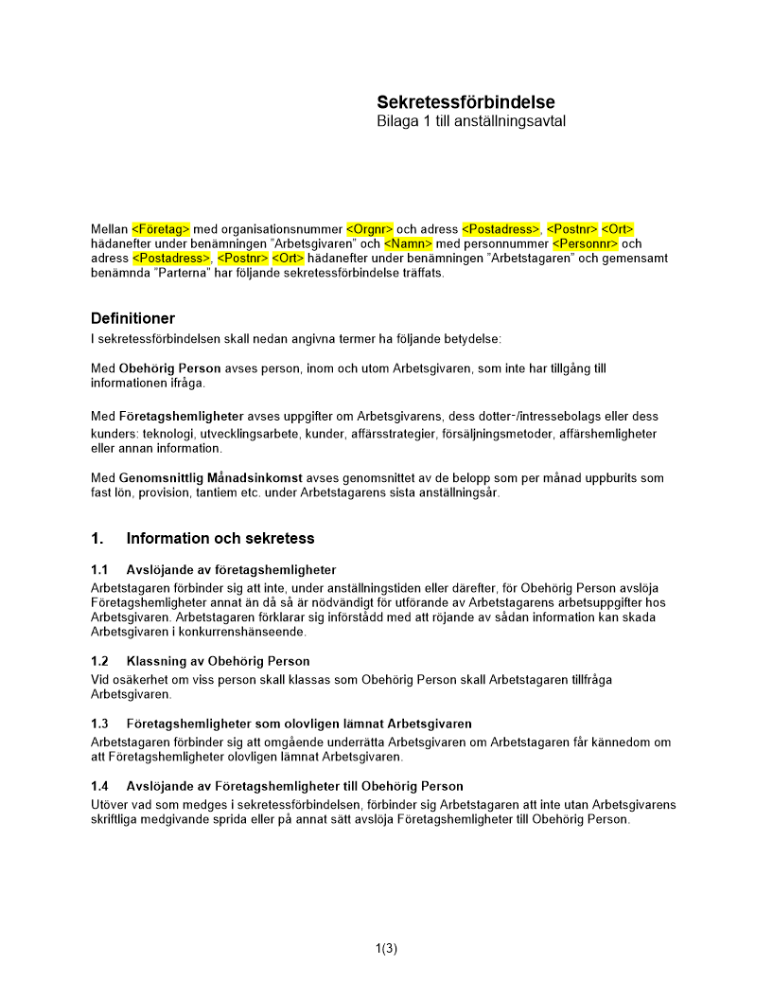 Anställningsavtal bilaga sekretess