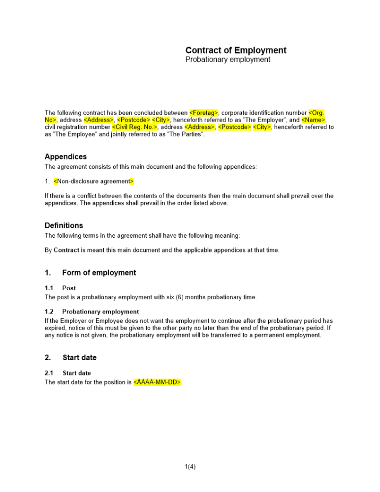 Anställningsavtal provanställning Engelsk