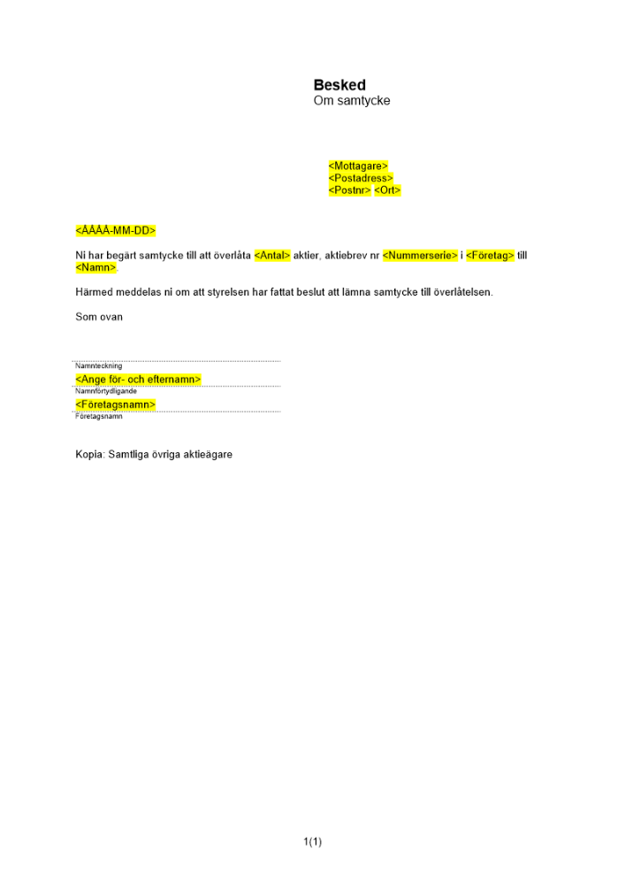 Besked om samtycke - aktieöverlåtelse