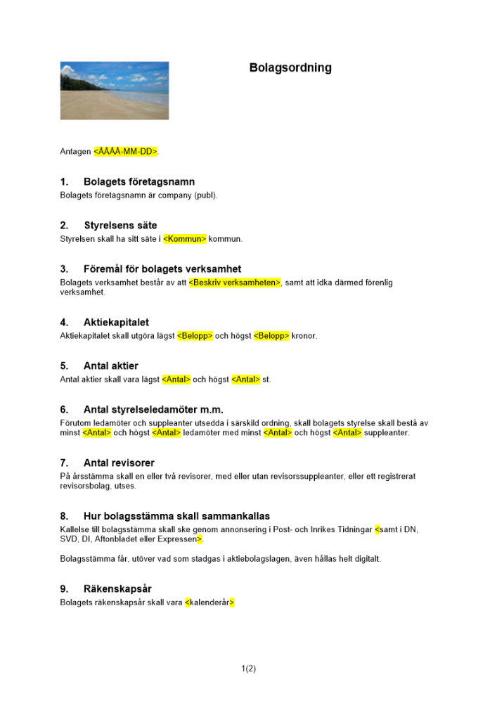Bolagsordning - Publikt avstämningsbolag utan inskränkningar