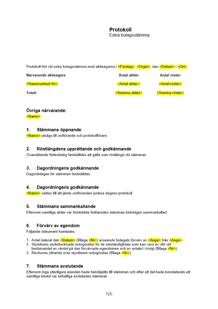Protokoll från extra bolagsstämma - Förvärv av egendom enl 2 kap 29 § ABL