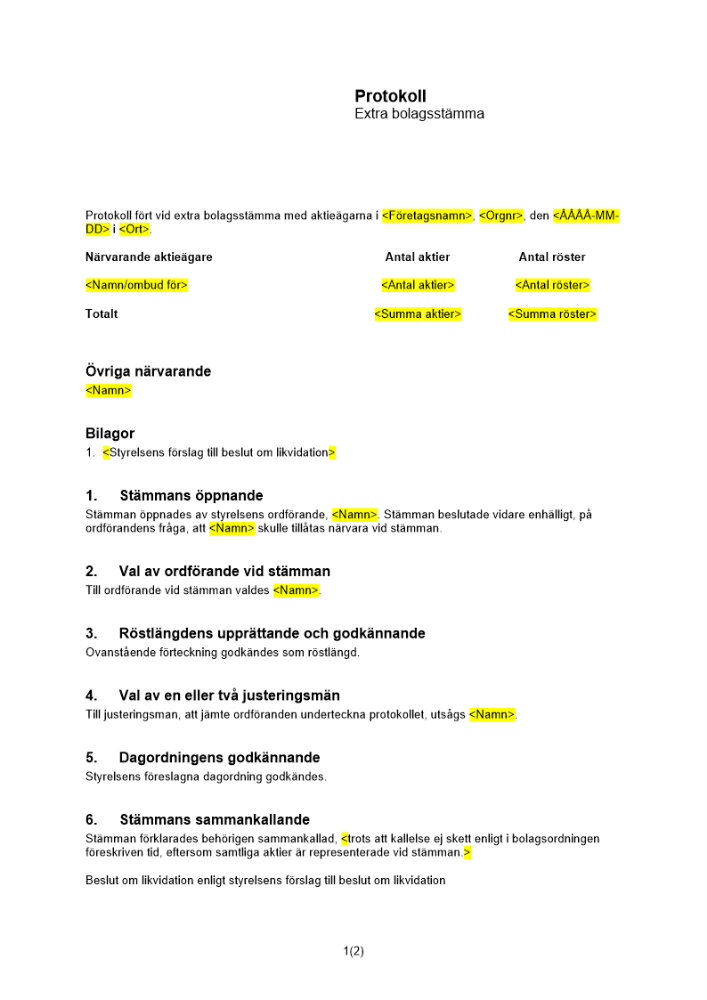 Protokoll från extra bolagsstämma likvidation förbrukat AK