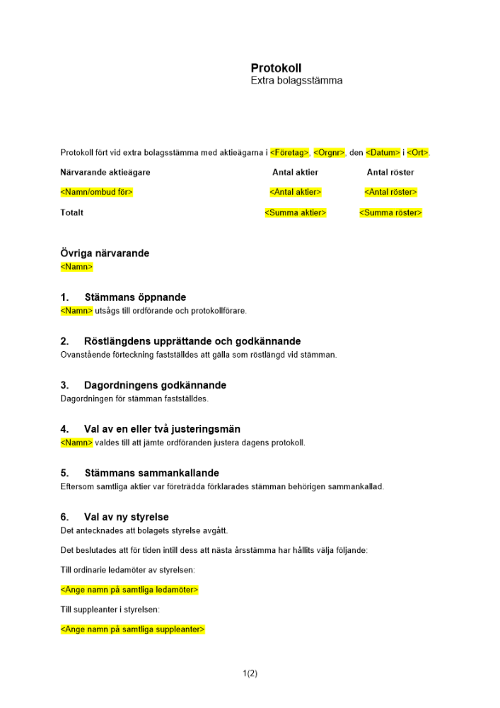 Protokoll från extra bolagsstämma - Ny styrelse