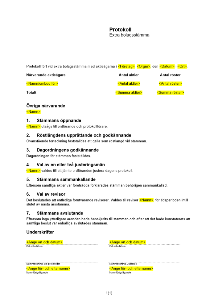 Protokoll från extra bolagsstämma - Ny revisor