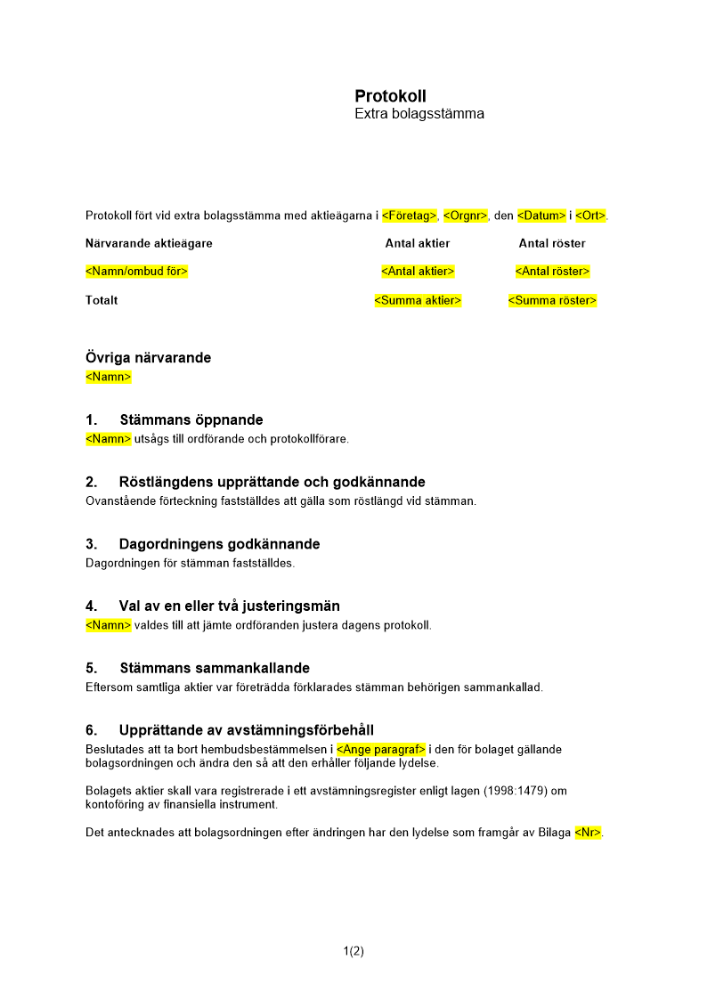 Protokoll från extra bolagsstämma - Upprättande av avstämningsförbehåll