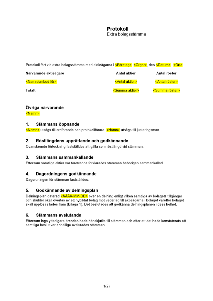 Protokoll från extra bolagsstämma - upplösning och bildning av bolag