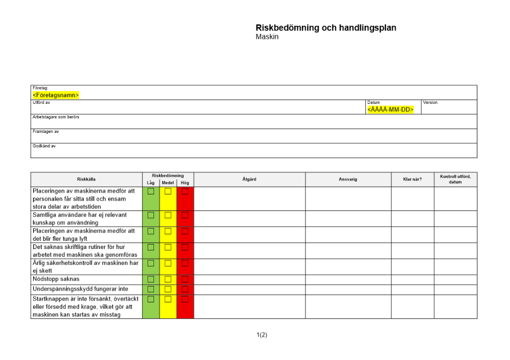 Riskbedömning och handlingsplan - maskin