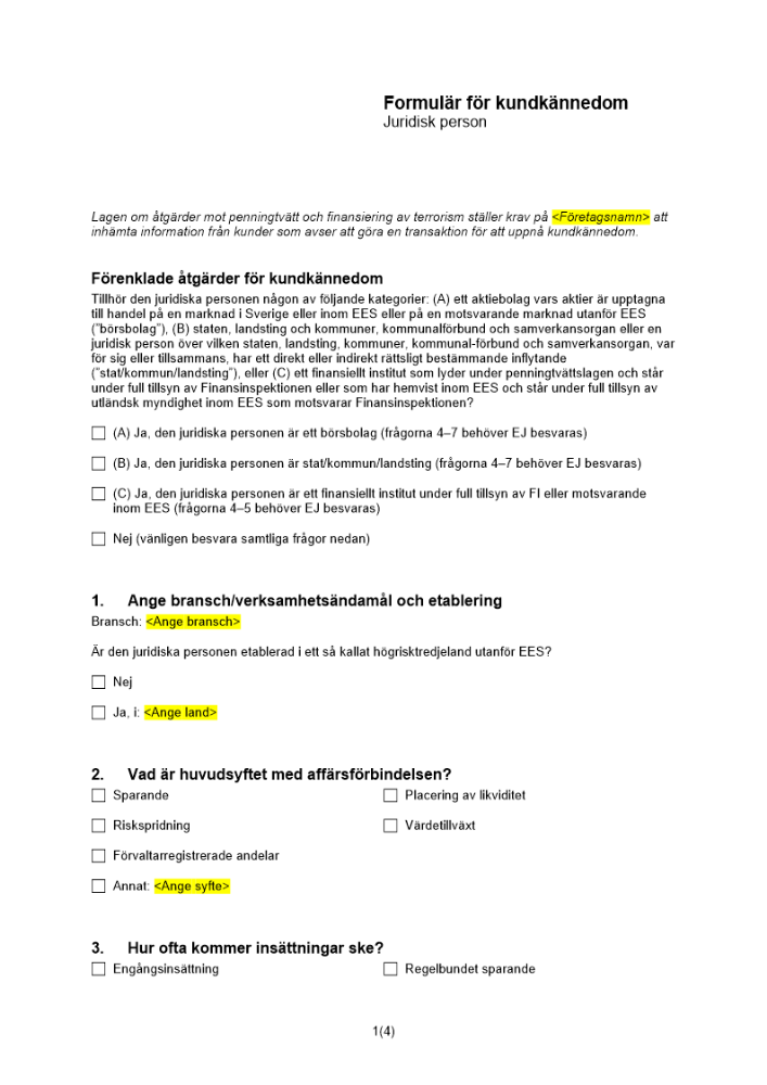 Frågeformulär förenklad kundkännedom - juridisk person