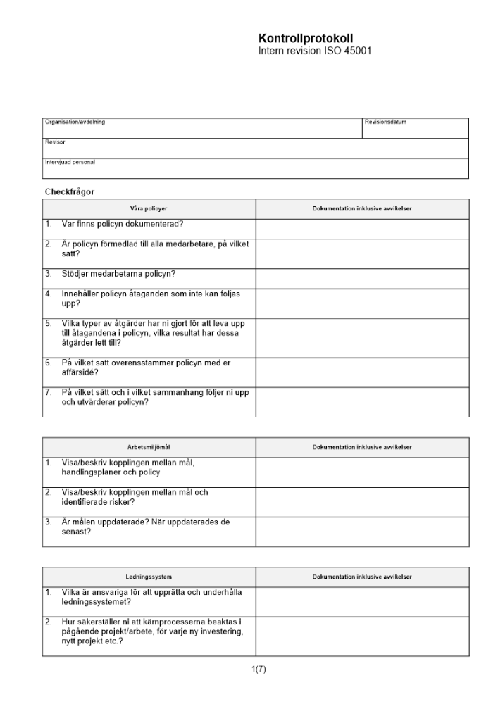 Kontrollprotokoll - intern revision ISO 45001