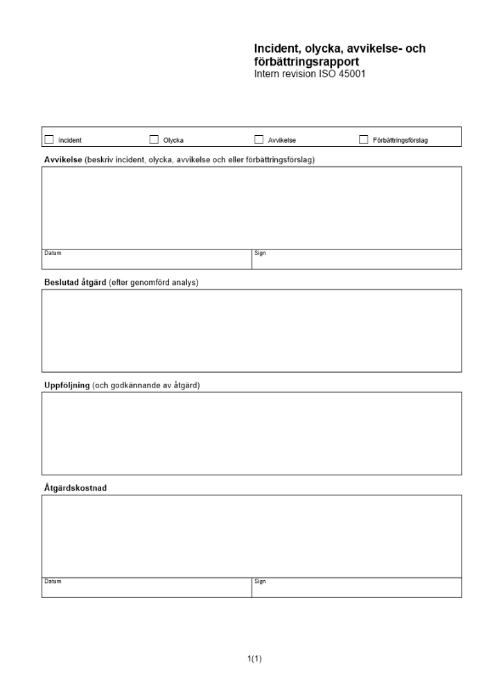 Avvikelse- och förbättringsrapport - Intern revision ISO 45001