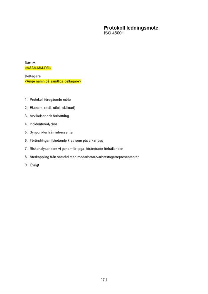 Protokoll ledningsmöte ISO 45001