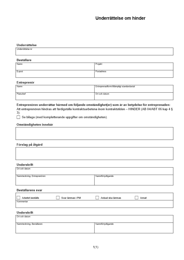 Underrättelse till beställare - hinder
