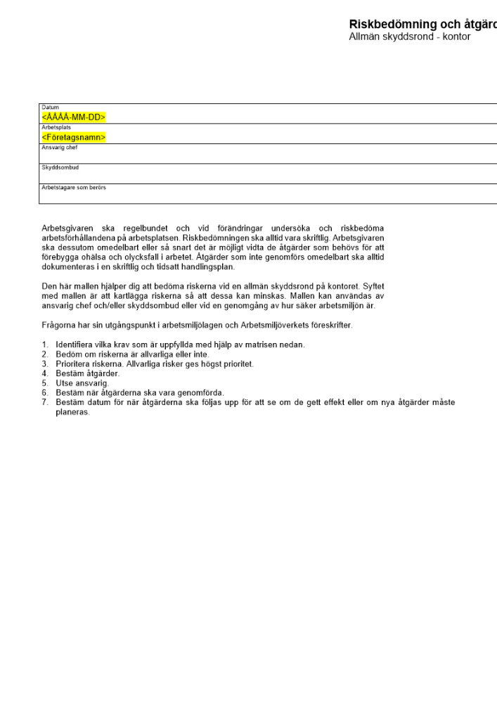 Riskbedömning och åtgärdsplan - allmän skyddsrond kontor
