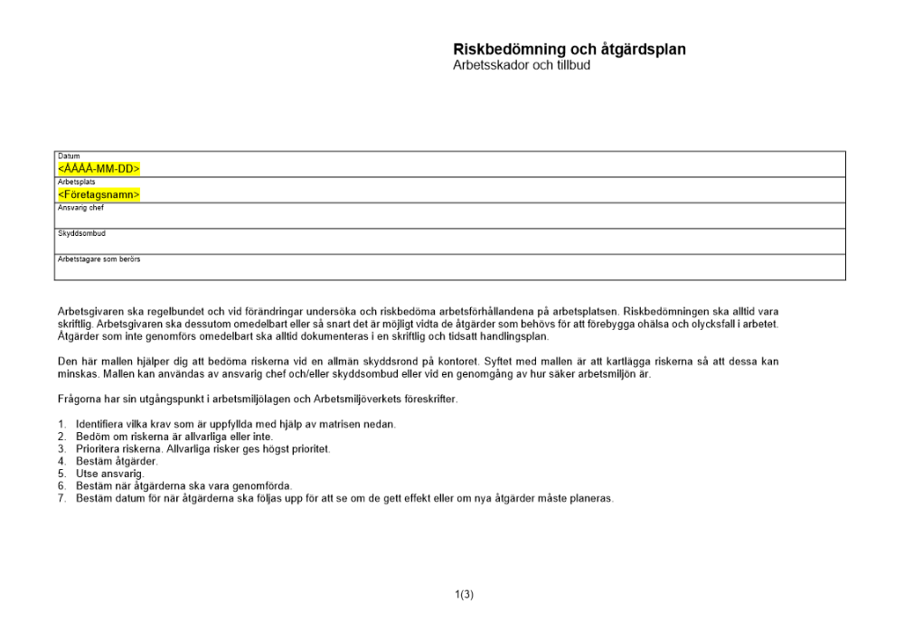 Riskbedömning och åtgärdsplan - arbetsskador och tillbud
