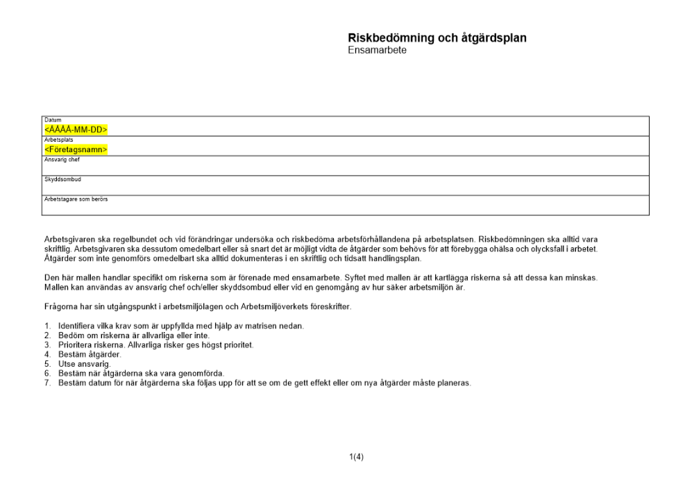 Riskbedömning och åtgärdsplan - ensamarbete