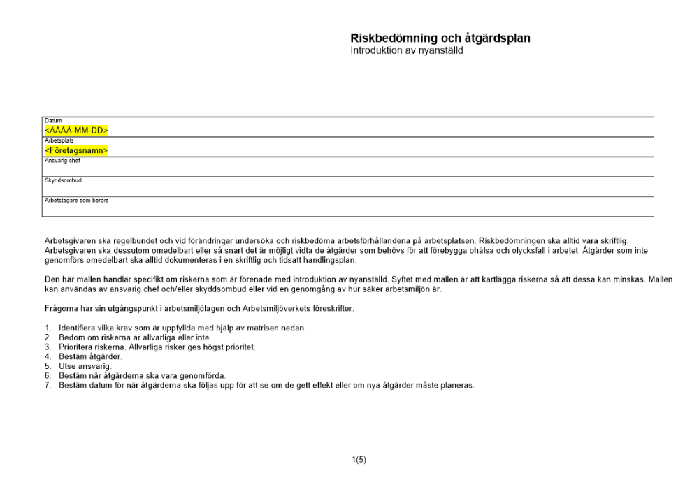 Riskbedömning och åtgärdsplan - introduktion av nyanställd