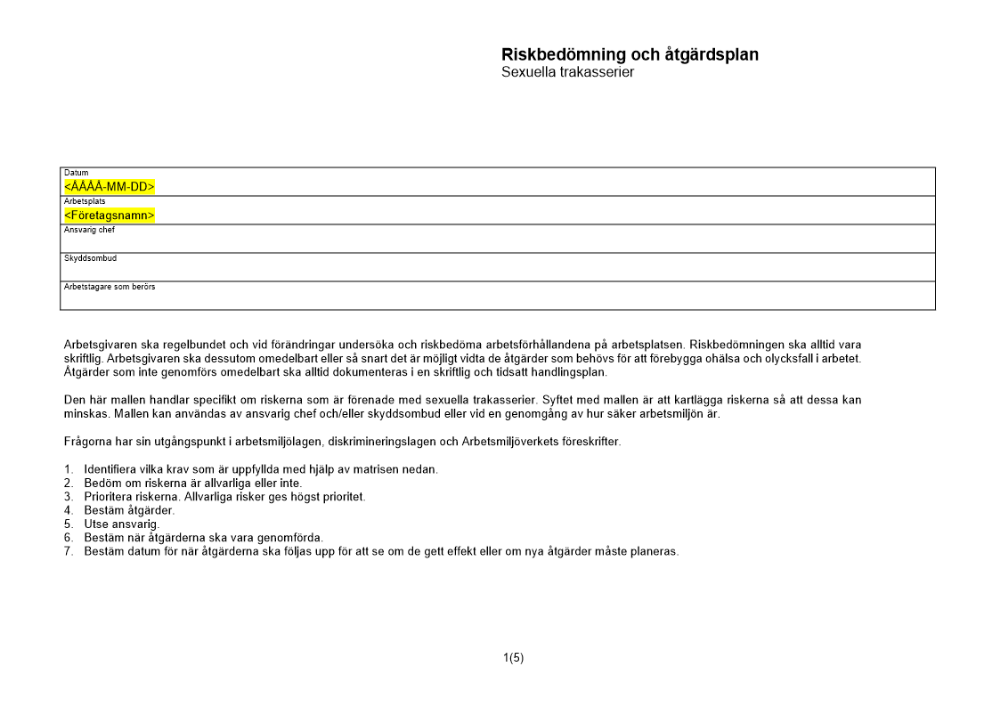 Riskbedömning och åtgärdsplan - sexuella trakasserier
