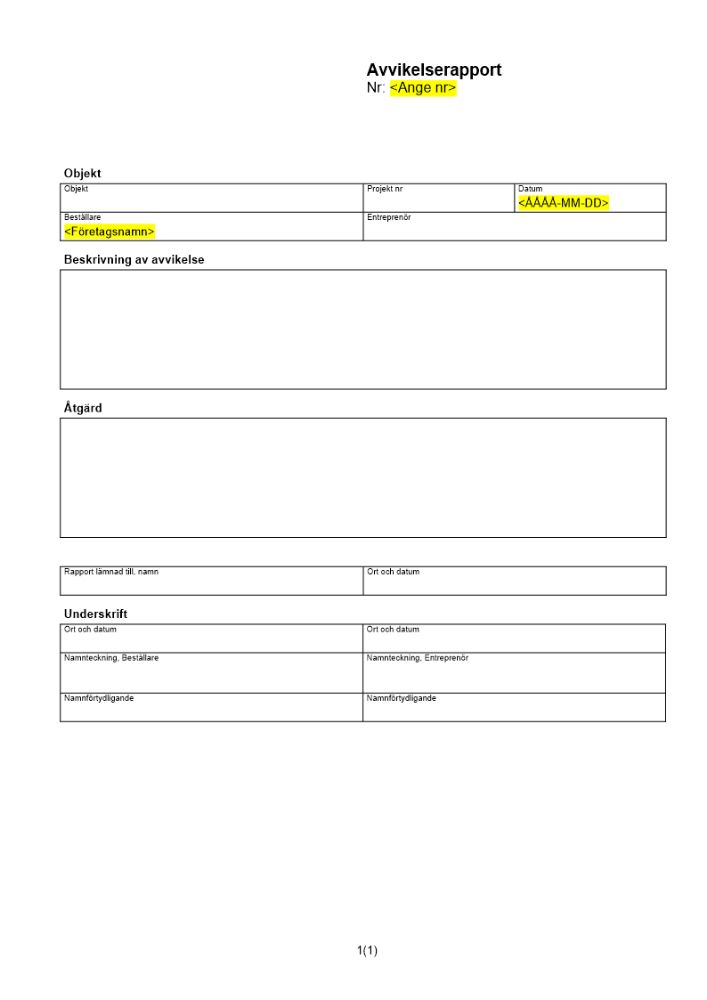 Avvikelserapport entreprenad