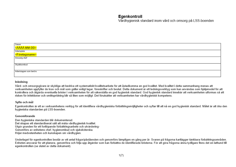 Egenkontroll - vårdhygienisk standard